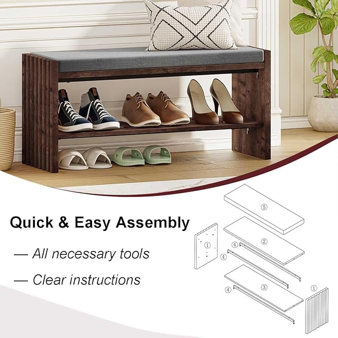 BON AUGURE Entryway Bench with Shoe Storage, 2-Tier Shoe Rack Bench with Cushion, Wood Benches for Bedroom, Living Room, Mudroom, Hall (Rustic Oak, 40 in Wide)