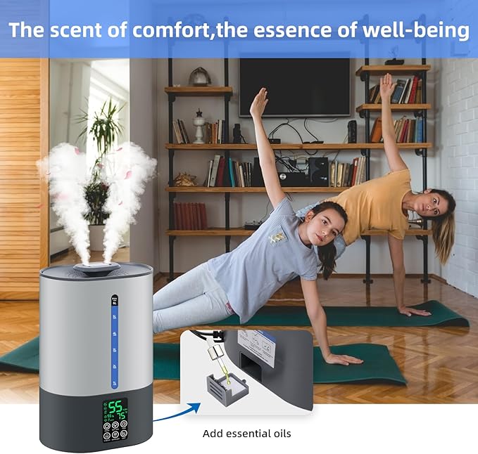 6L Humidifiers for Bedroom Large Room Home, Cool and Warm Humidifiers for Baby and Plants Mist Top Fill Desk Humidifiers Essential Oil Diffuser, Quiet with Adjustable Mist,360°Nozzle-Grey