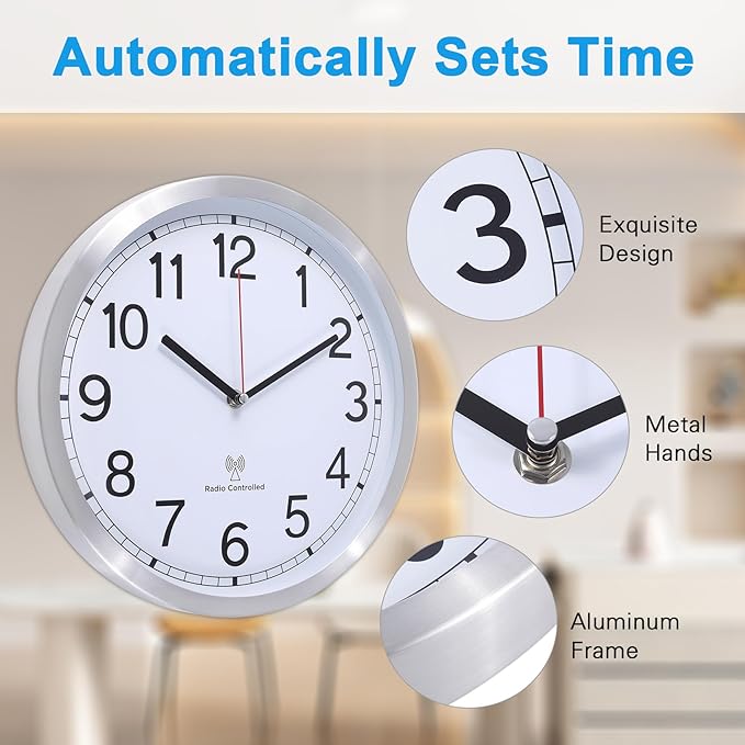 Atomic Analog Wall Clock, 12Inch Radio Controlled Sets Automatically Wall Clock Decorative for Living Room Office School