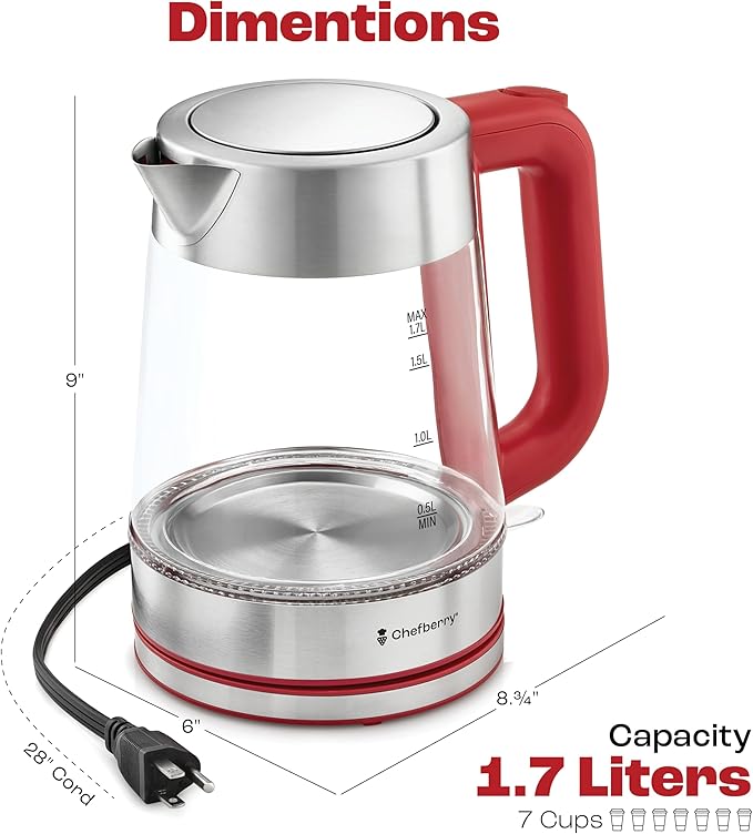 Electric Kettle for Boiling Hot Tea & Water | 1.8L Stainless Steel Borosilicate Glass Boiler With No Plastic, Automatic Shutoff, BPA Free, Fast Heating Technology