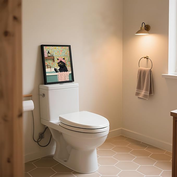 Framed Vintage Cat Canvas Wall Art, Funny Pink Animal Reading Books Painting Picture Print, Cute Kitten Lovers Aesthetic Wall Decor for Nursery Girls Room Bedroom Kids Room 10''L x 8''W