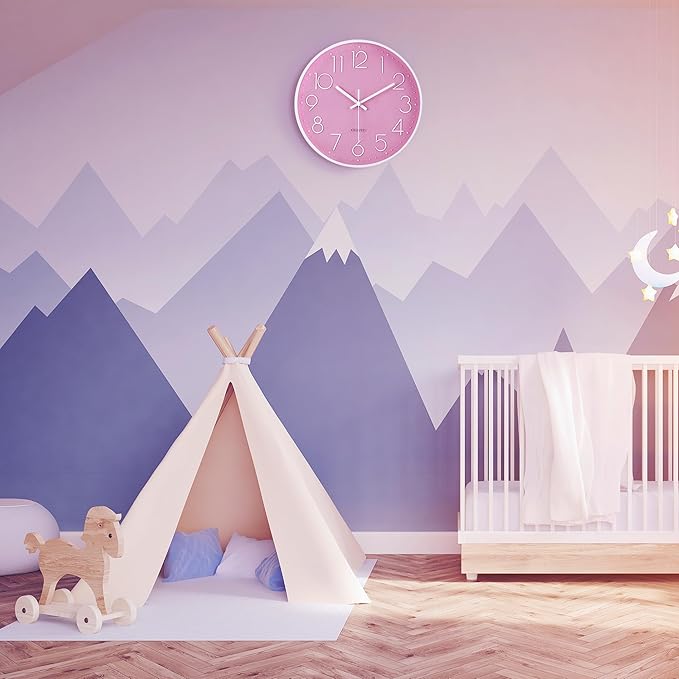 Lafocuse 12 Inch Pink Wall Clock Battery Operated for Kitchen Living Room, Silent Kids Analog Clock for Girls Bedroom, Pink Home Décor