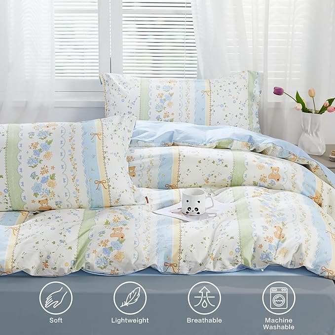 SAPHREAS Duvet Cover Set King Size 3pcs Cute Little Bear Blue Green Floral Bedding Comforter Cover Set 100% Cotton 1 Duvet Cover 104"x90" 2 Pillow Shams, Comforter Not Included
