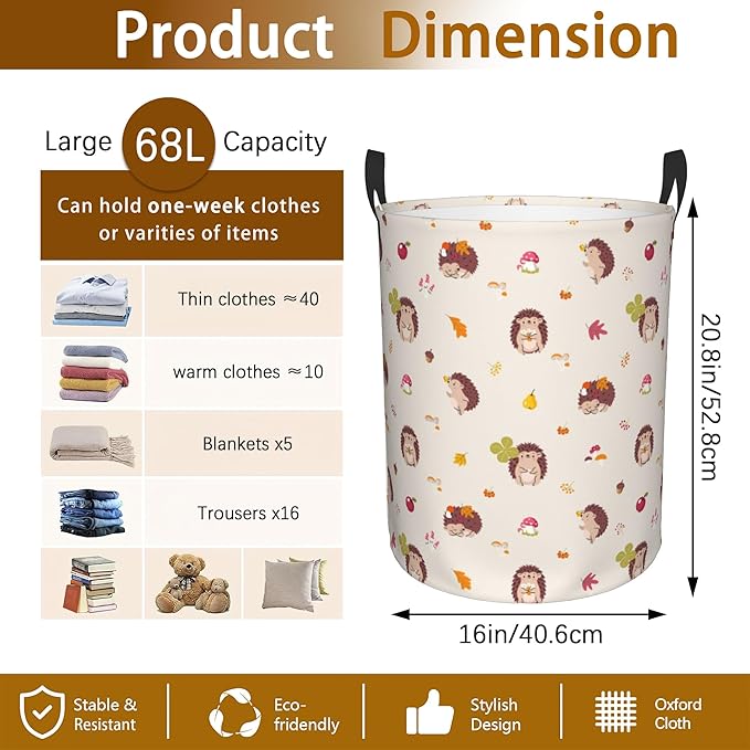 Laundry Hamper, Fall Hedgehogs Mushroom and Leaves Laundry Basket,Waterproof Foldable Storage Bin for Bedroom,Clothes Organizer Basket,Toys Box 16x20 Inch