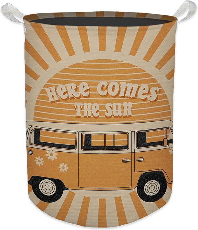 Here Comes the Sun Laundry Basket, 70s Retro Boho Sunshine Waterproof Collapsible Laundry Hamper Dirty Clothes Storage Toy Bin Organizer for Bathroom Bedroom Nursery Kids Room