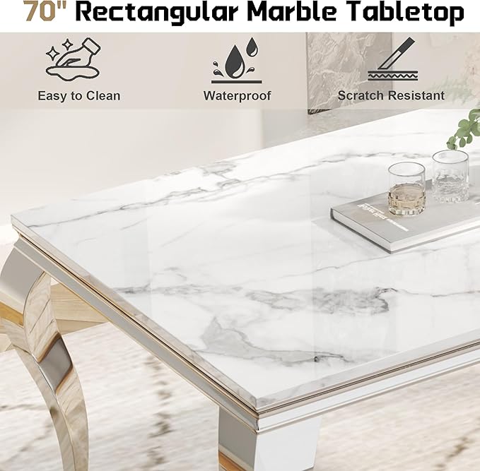 7-Piece Dining Table Set for 6, Faux Marble Modern Dining Table Set with 6 Big Oval Backrest Chairs, 70“ Stainless Steel Legs Table & Chair Set for Kitchen, Dining Room, White & Silver