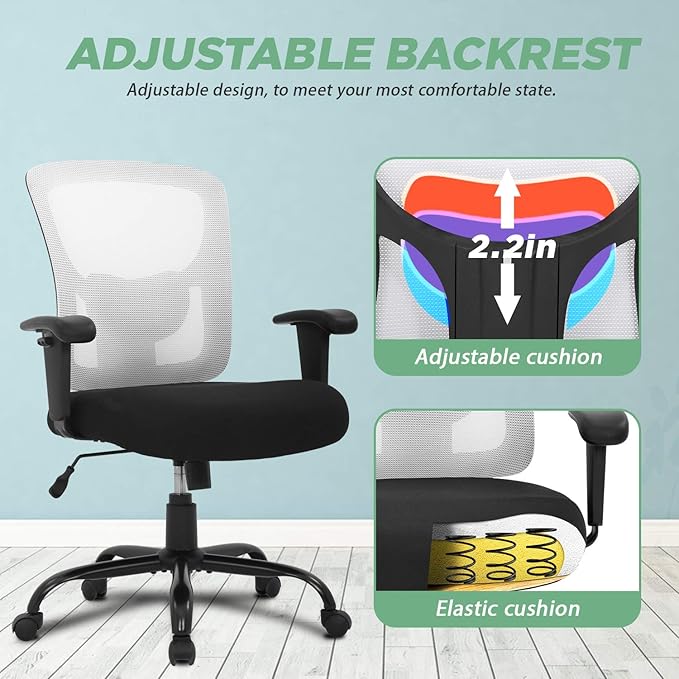 BestOffice Big and Tall Office Chair 400lbs Desk Chair Mesh Computer Chair with Lumbar Support Wide Seat Adjust Arms Rolling Swivel High Back Task Executive Ergonomic Chair for Home Office (White)