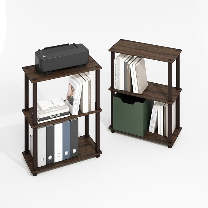 Furinno Turn-S-Tube 3-Tier Compact Multipurpose Shelf Display Rack with Square Tube, Black Walnut/Brown, Set of 2