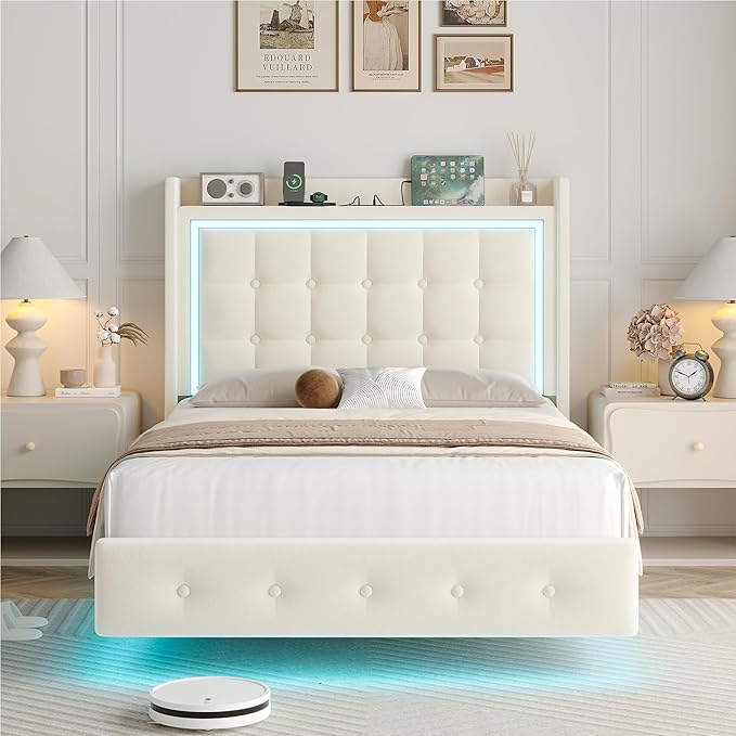 Keyluv Upholstered Twin Floating Bed Frame with RGB LED Lights and Charging Station, Velvet Platform Bed with Button Tufted Storage Headboard, Type-C & USB Charging Ports, No Box Spring Needed, Beige