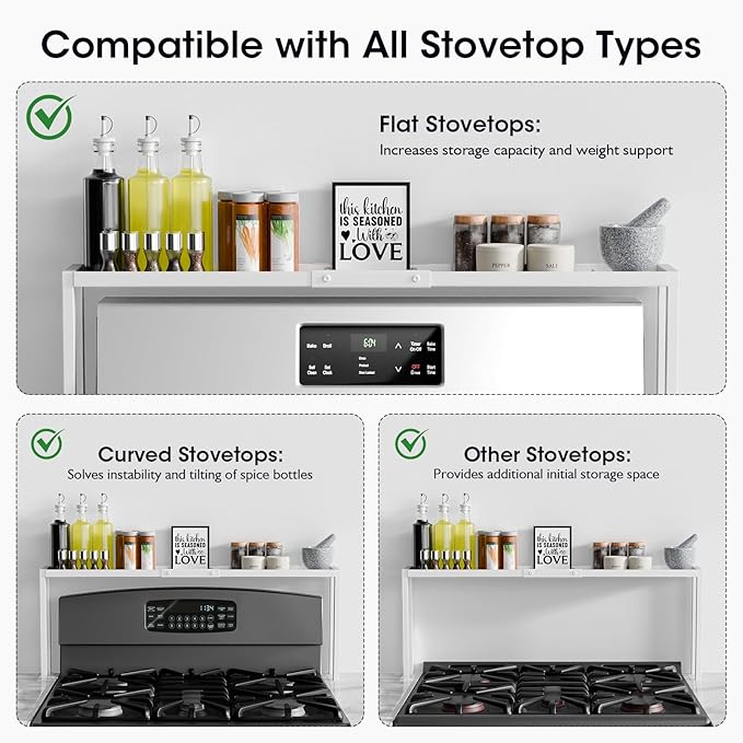 Bumusty Spice Rack Shelf for Kitchen Stove, 32" Adjustable Oven Spice Rack, Seasoning Organizer Kitchen Shelves，White