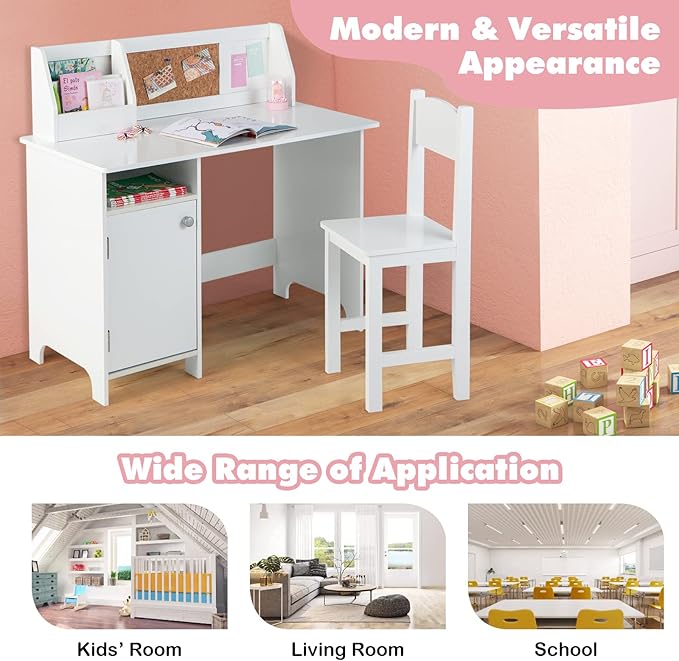 Costzon Kids Desk and Chair Set, Wooden Children Study Table with Storage, Hutch, Cork Bulletin Board, Whiteboard & Marker, Student Computer Workstation Writing Desk for Kids Bedroom, School, White