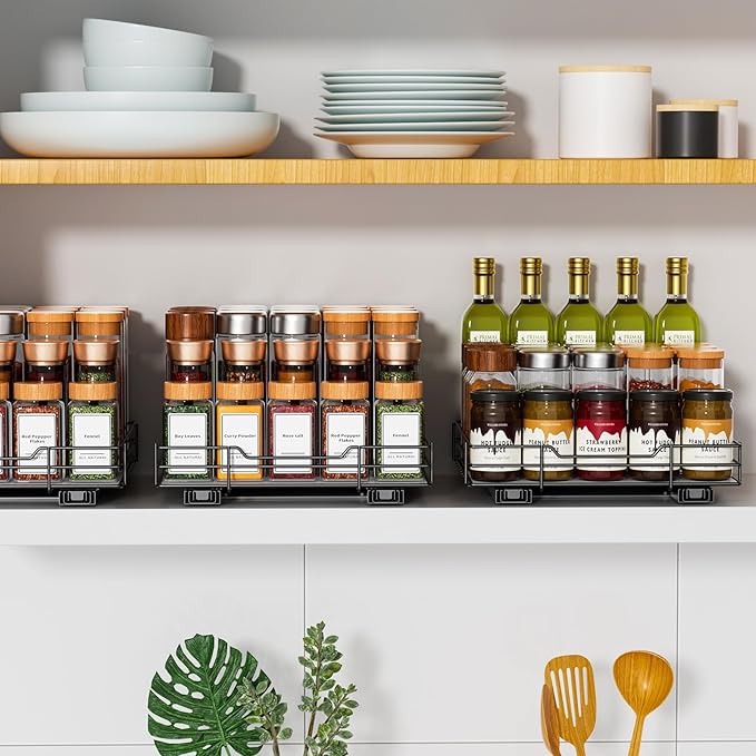 RCHYFEED Pull Out Spice Rack Organizer for Cabinet,Slide out Spice Organization for Inside Cabinets,Heavy Duty Seasoning Organizer Fits Kitchen and Pantry,Sauces,Canned (10.5''Wx10.5''Dx2.5''H)