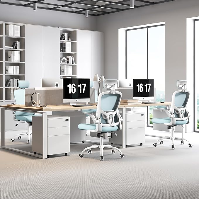 Multi-Adjustable Ergonomic Office Chair, Study Chair, Summer Mesh Comfortable High Back Chair, Headrest, Lumbar Support, Armrest, Seat Height.(White-Blue)