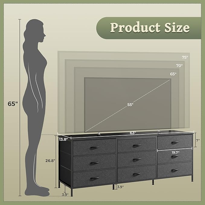 Huuger 63 Inch Dresser for Bedroom, Dresser for Closet with 9 Drawers, Large TV Stand for 55, 65, 70 Inch TV, Entertainment Center with Storage, Wide Long Chest of Drawers, Black