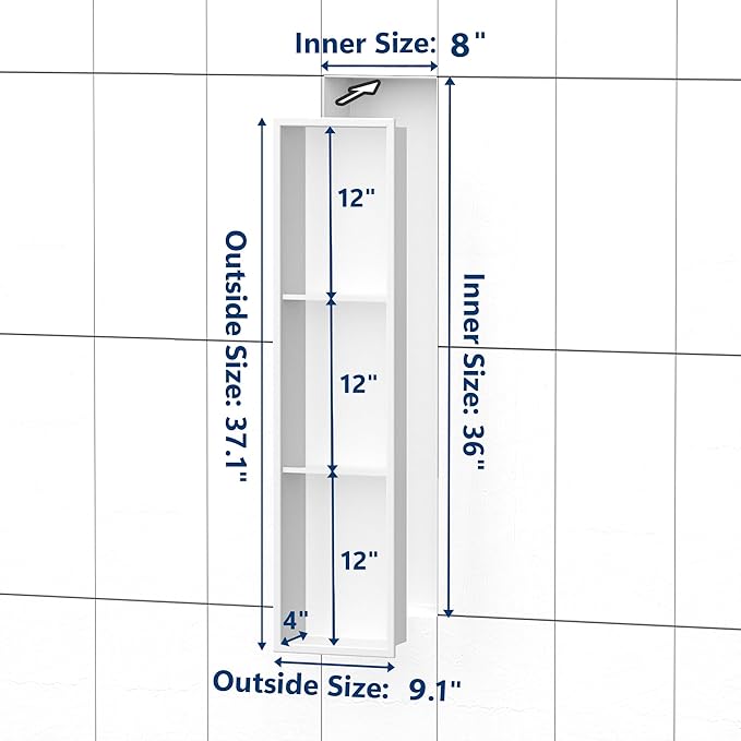 Stainless Steel Shower Niche 8" X 36", No Tile Needed Wall Niche Three-Tier, Recessed Shower Shelf for Bathroom Storage, Matte White