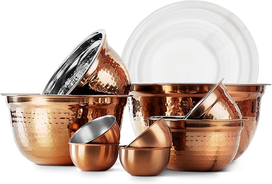 COOK WITH COLOR 18 Piece Mixing Bowls Set with Airtight Lids, Stainless Steel Bowl Organizers, Food Storage Containers, Meal Prep, Nesting Salad Bowls For Cooking, Baking, Kitchen, Copper - Hammered