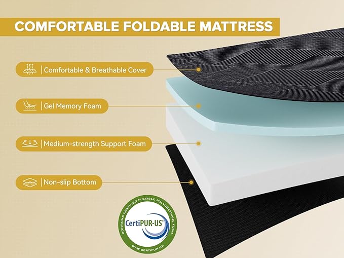 Vamcheer Tri Folding Mattress Full Size - 6 Inch Foldable Mattress Portable Tri-fold Memory Foam Mat, Handle & Non-Slip Bottom with Washable Cover for Travel RV Camping Guest, 73"x52"x6", Grey