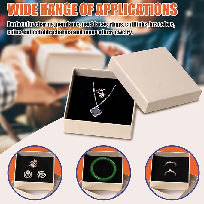 Tanstic 12Pcs Cardboard Jewelry Gift Boxes Kit, 3.5 x 3.5 x 1.2 Inch Beige Gift Boxes Cardboard Jewelry Boxes with 74ft Red Ribbon and Scissor for Rings, Necklaces, Earrings, Bracelets