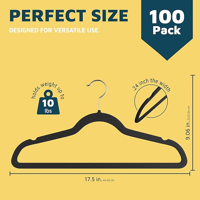 Velvet Non-Slip Plastic Hanger Set - 100 Pieces Non-Slip Clothes Hanger Set with 360° Swivel Hook, Space-Saving, Sleek Design, Smooth Velvet Finish, Lightweight Construction - Black