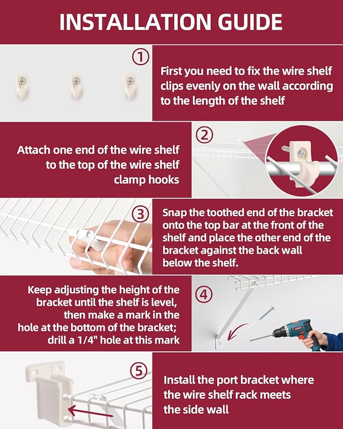 Heavy Duty Shelf Brackets for 12" Closet Maid - 25kg Max Load Rust-Proof Metal Kit w/4 Rack Support Brackets, 4 End & 10 Clips, Easy Install Wire Shelving in Laundry, Closet, Garage, Kitchen, RV