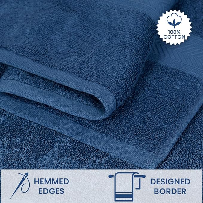 Casa Lino 100% Cotton Bath Towels Set of 4 (1 Bath Towel, 1 Hand Towel & 2 Wash Cloths) - Bathroom Towels and Washcloths Set - Complete Bathroom Set - Guest Room Essentials - (Cobalt Blue)