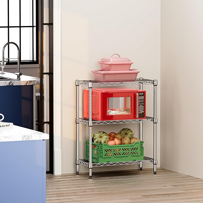 IZEUK 3 Tier Heavy Duty Steel Storage Shelves, Metal Shelf Wire Shelving Rack for Pantry, Kitchen, Cloakroom or Office Organization (13.8" D x 23.6" W x 35.5" H, 750LBS, Chrome)