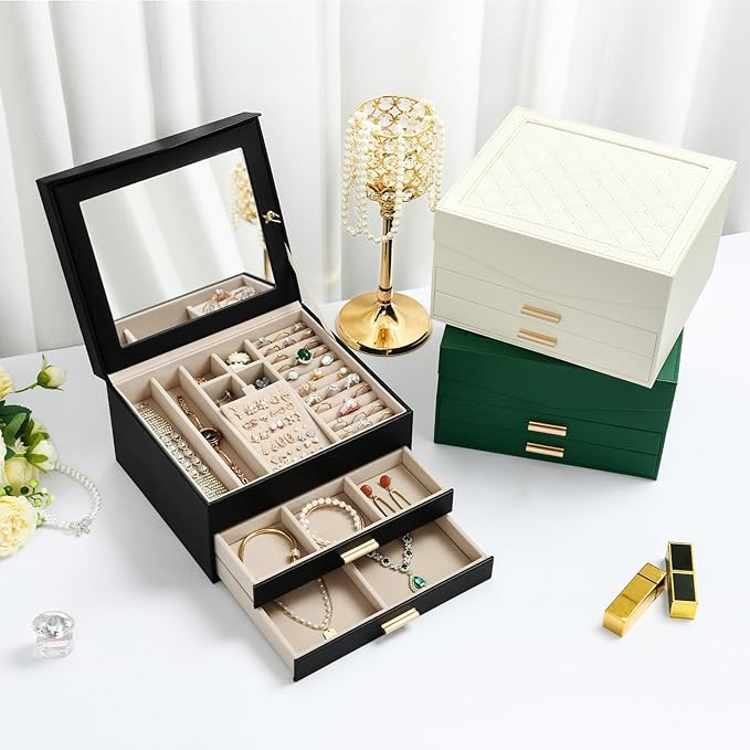 Amearea Jewelry Box Organizer for Women Girls with Mirror, 3-Layer Large Jewelry Storage Case, Synthetic Leather Jewelry Holder Organizer with Removable Tray for Necklaces Earrings Rings, Green