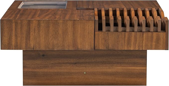 WILLIAMSPACE 33" Square Coffee Table with 3 Drawers, Modern Unique Wooden Center Table with Tempered Glass and Solid Wood Legs, Storage Accent Side End Table for Living Room Apartment, Walnut