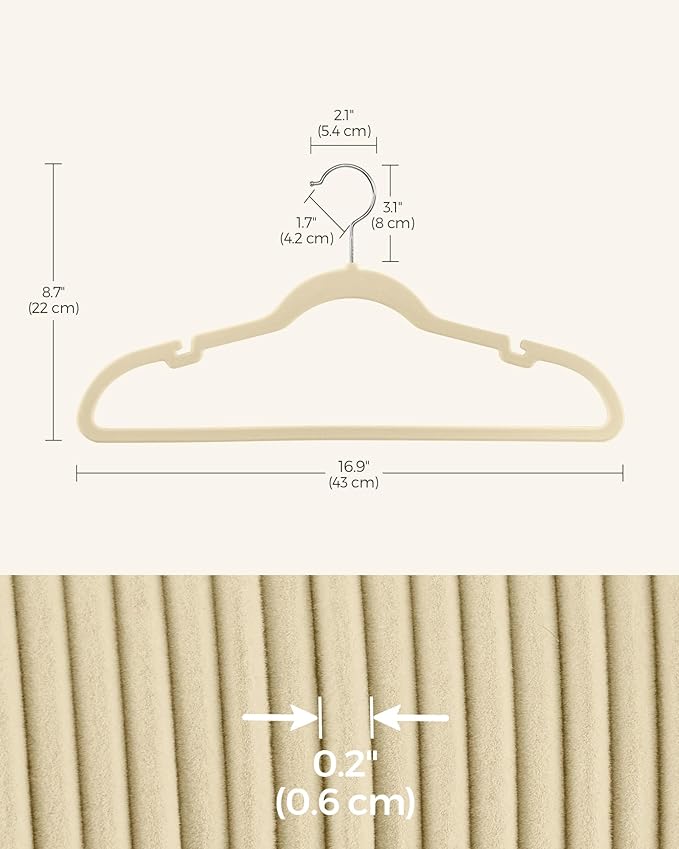 SONGMICS Velvet Hangers 50 Pack, Non-Slip Clothes Hangers, Suit Hangers with Shoulder Notches, Pants Bar, 360° Swivel Hook, Space-Saving, for Closet, Surmmer Sand UCRF029K05
