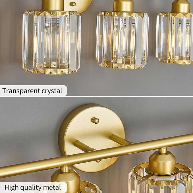 Modern 4 Light Crystal Vanity Light, Gold Vertical Bathroom Light Fixture Over Mirror for Dressing Table Sink, Compatible with Dimmable Bulbs (Bulbs Not Included)