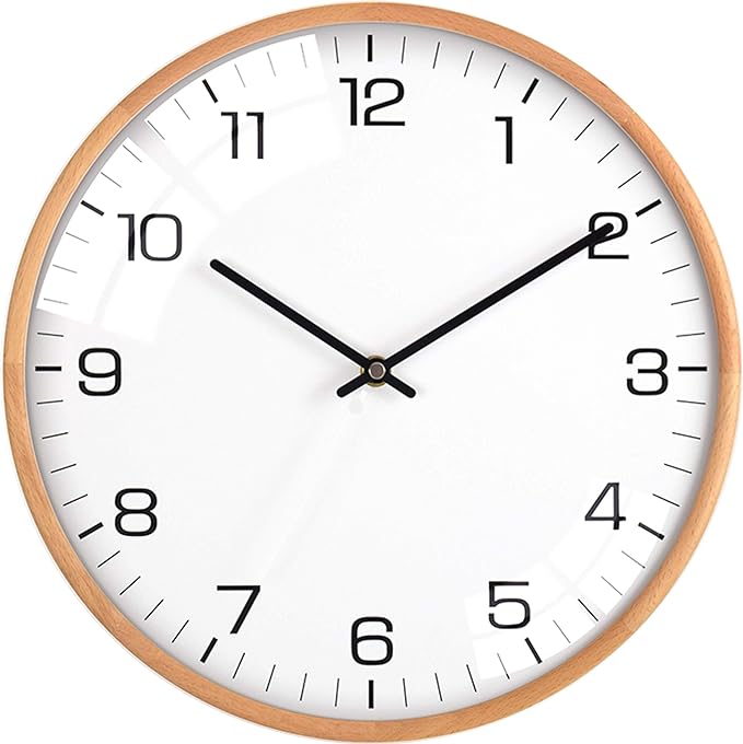 Driini Analog Dome Glass Wall Clock (12") - Wood Frame with White, Modern Face - Battery Operated with Non Ticking Hands - Large Decorative Clocks for Classroom, Office, Living Room, or Bedrooms.