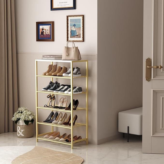 HOMEFORT Shoe Rack 6-Tier, Shoe Storage Shelf, Industrial Shoe Tower, Narrow Shoe Organizer for Closet Entryway, Small Shoe Rack Table with Durable Metal Shelves,Gold