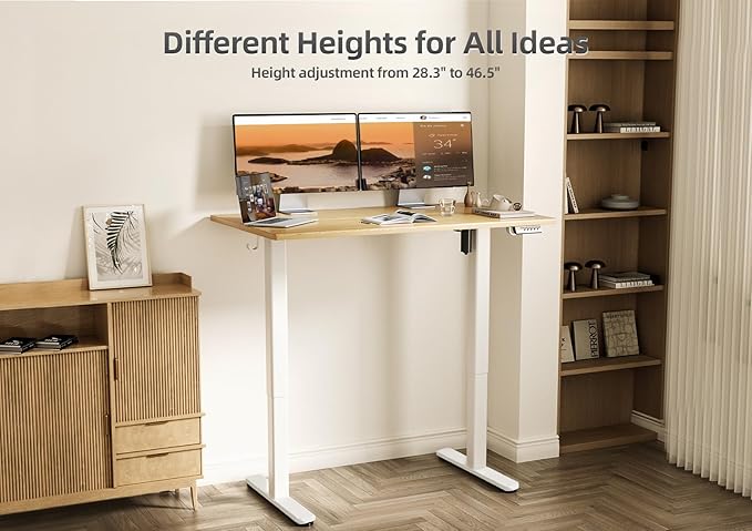 Claiks Bamboo Electric Standing Desk, Adjustable Height Stand up Desk, 48x24 Inches Sit Stand Home Office Desk with Splice Board, White Frame/BambooTop