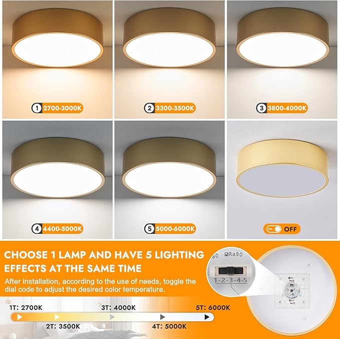 Dimmable Modern Flush Mount Ceiling Light Fixture,Painted Gold Round LED Ceiling Lights Fixtures,5CCT 2700K-6000K Lighting for Kitchen Hallway Bedroom Laundry Room Entryway Closet 11.81 inch