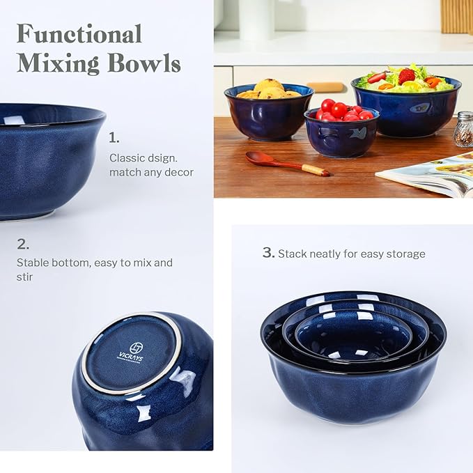 vicrays Ceramic Mixing Serving Bowl Set: Nesting Stoneware Kitchen Decorative Large Bowls for Prepping, Baking – Microwave Oven Dishwasher Safe – 9/7/5.7 inch, Set of 3 (Blue)