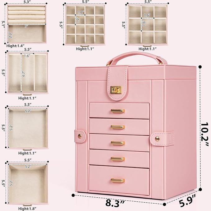 AKOZLIN Large Jewelry Box Organizer Functional with Big Mirror, Leather Jewelry Storage Case for Women Girls Ring Necklace Earring Bracelet Holder Organizer