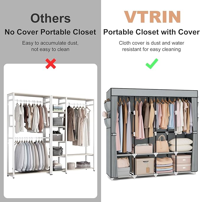 VTRIN Portable Closet for Hanging Clothes 67 Inch Wide Large Capacity Portable Wardrobe Closet with Cover, 4 Storage Shelves and 4 Hanging Rod Sturdy Free Standing Closet for Bedroom, Grey