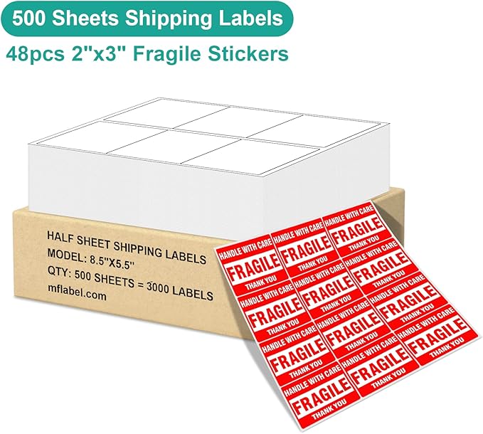 MFLABEL 3.33"x4" FBA Shipping Labels 6-UP - 500 Sheets (3000 Labels!) | Industrial Adhesive for Cardboard/Glass | Laser/Inkjet Certified + Free 48 Fragile Stickers