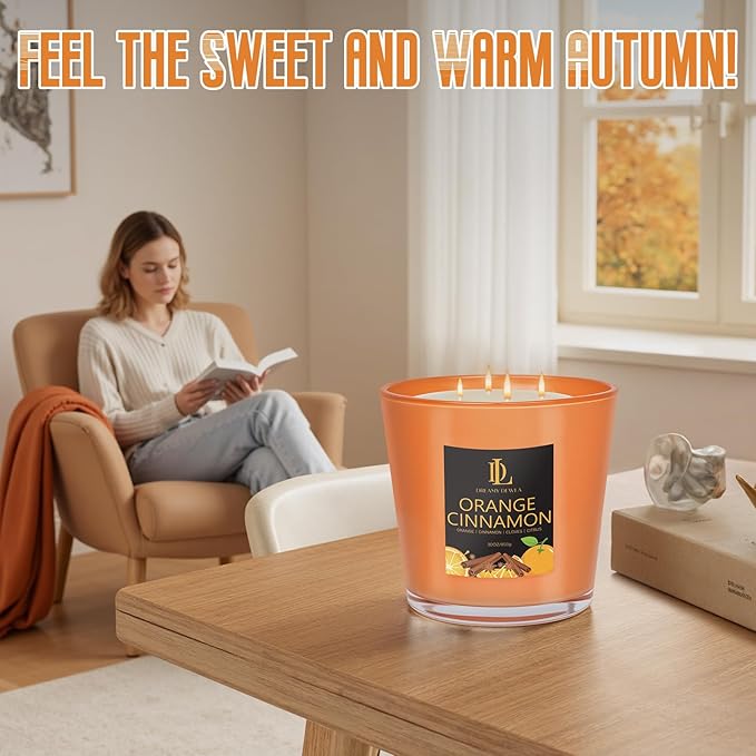 Orange Cinnamon Candle, Fall Scented Candles, Large 30oz Natural Soy Candles, 4-Wick 80 Hour Burn Time, Holiday Candle Gifts for Home Decor