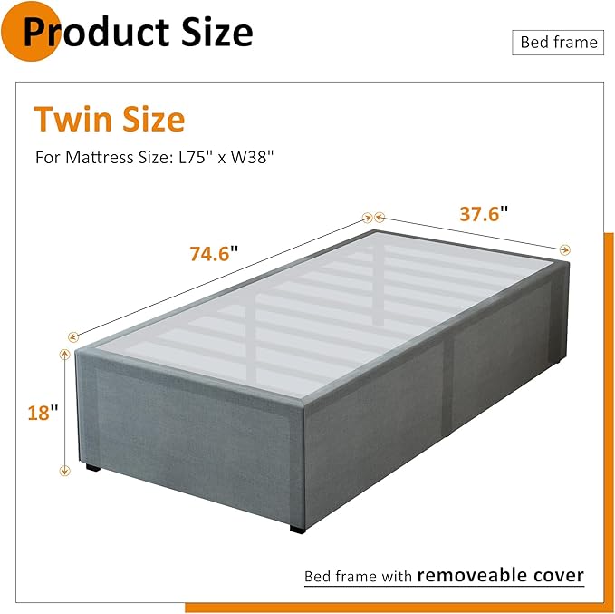 18 Inch Twin XL Bed Frames with Fabric Cover, Heavy Duty Metal Twin XL Platform Bed Frame, No Box Spring Needed, Support Up to 2500 lbs, Easy Assembly, Noise Free, Black