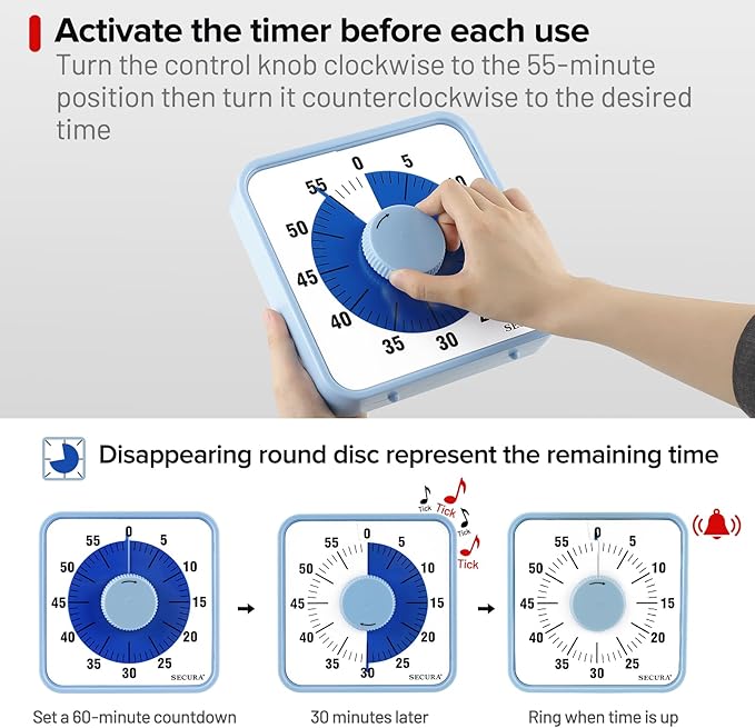 Secura 7.5 Inch Visual Timer, 60 Minute Visual Oversize Countdown Timer for Kids and Adults, Durable Mechanical Time Management Tool (Navy Blue)