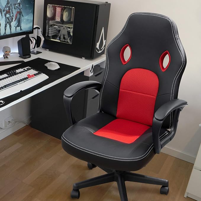 Furmax Red Gaming Chair, Adjustable Swivel Desk Chair with Padded Armrests and Lumbar Support, Leather and Mesh Design