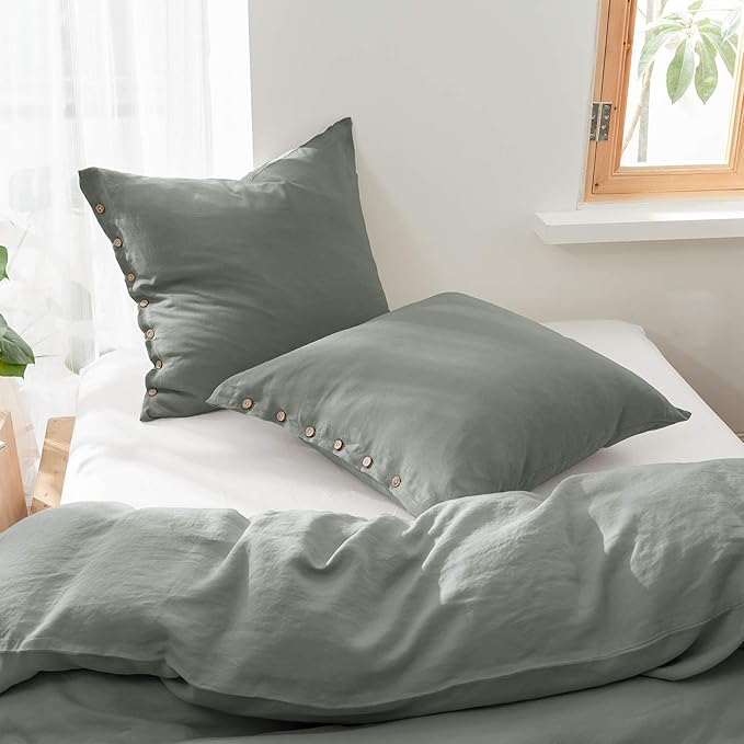 Simple&Opulence 100% Washed Linen Euro Sham Cover, 26 x 26 Inch, Decorative Bed Pillow Cover with Coconut Button, Solid Color Pillow Shams Set of 2 (Greyish Green)