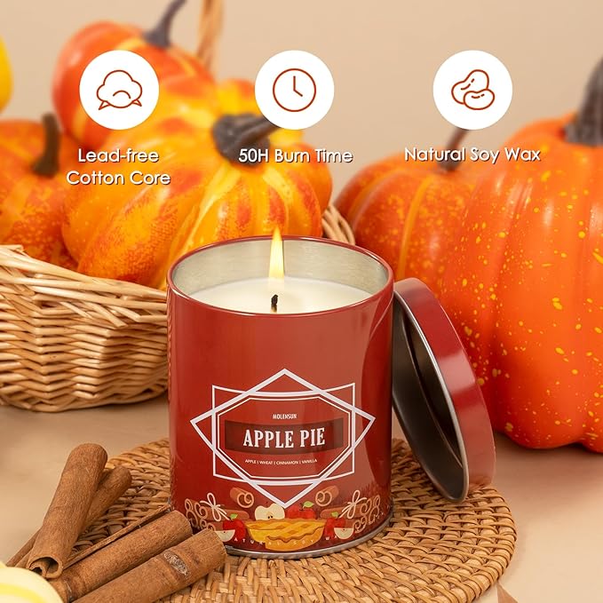 Fall Scented Candle – Apple Pie Soy Candle 9oz, 50 Hour Burn, Non-Toxic Autumn Decor, Holiday Gift for Women & Men
