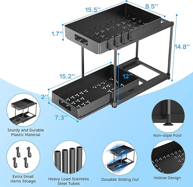 Under Sink Organizers and Storage, 2 Pack Large Capacity Heavy Load Double Pull-out Under Sink Shelves with Sliding Drawer for Kitchen and Bathroom, Black