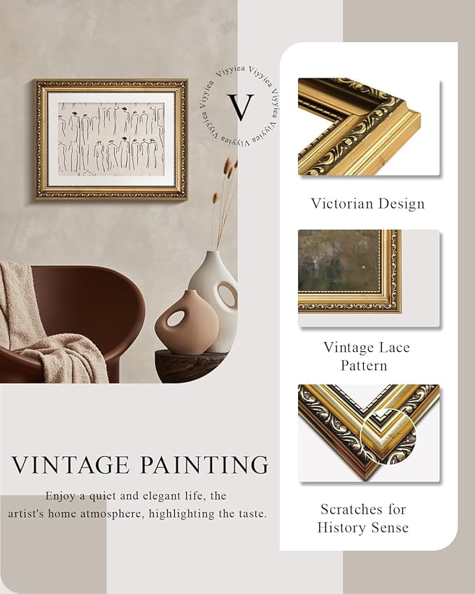 VIYYIEA Gold Framed Wall Art Canvas Print Home Decor Abstract Wall Art Room Decor Minimalist Portrait Artwork Shelf Decorations Vintage Bathroom Prints Line-Drawn Pictures Farmhouse Office 11x14in