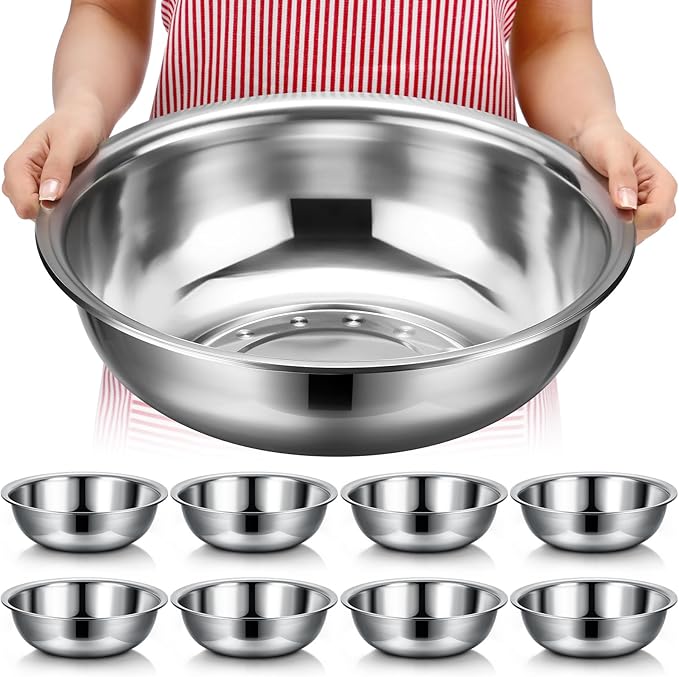 Nuogo 8 Pcs Stainless Steel Mixing Bowls Metal Mixing Bowls Extra Large Basin Salad Basin Deeper Edge Dishwasher Safe Mirror Finish for Home and Commercial, Silver (16 Inch 13 Qt)