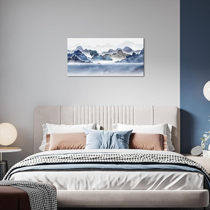 KREATIVE ARTS 20x40 Traditional Chinese Ink Painting Wall Art: Black and Blue Landscape Nature Prints of Mountain and Lake for Living Room, Asian Artwork