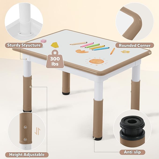 Adjustable Kids Table Chairs Set – Graffiti Desktop, Multi-Activity Height-Adjustable Toddler Study Desk for Ages 3-8 – Ideal for Home, Classroom, Daycare (B-Darkbrown, 4 Chairs-31.5" L x 23.6" W)