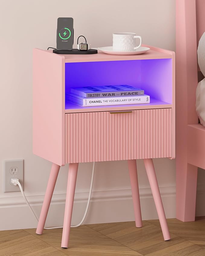 Pink Nightstand, Modern Bedside Table with Charging Station and LED Lights